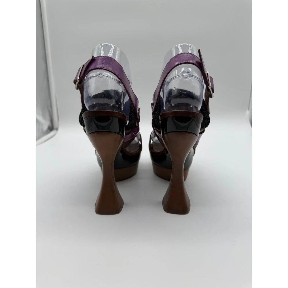 Marni Brown Purple Leather Architectural Platform Sandals Sculptural Heel 6.5